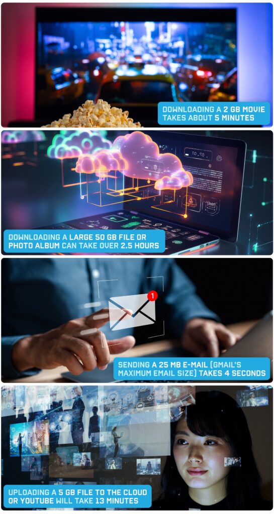 how much time it takes for different internet activities based on the bandwidth they use 