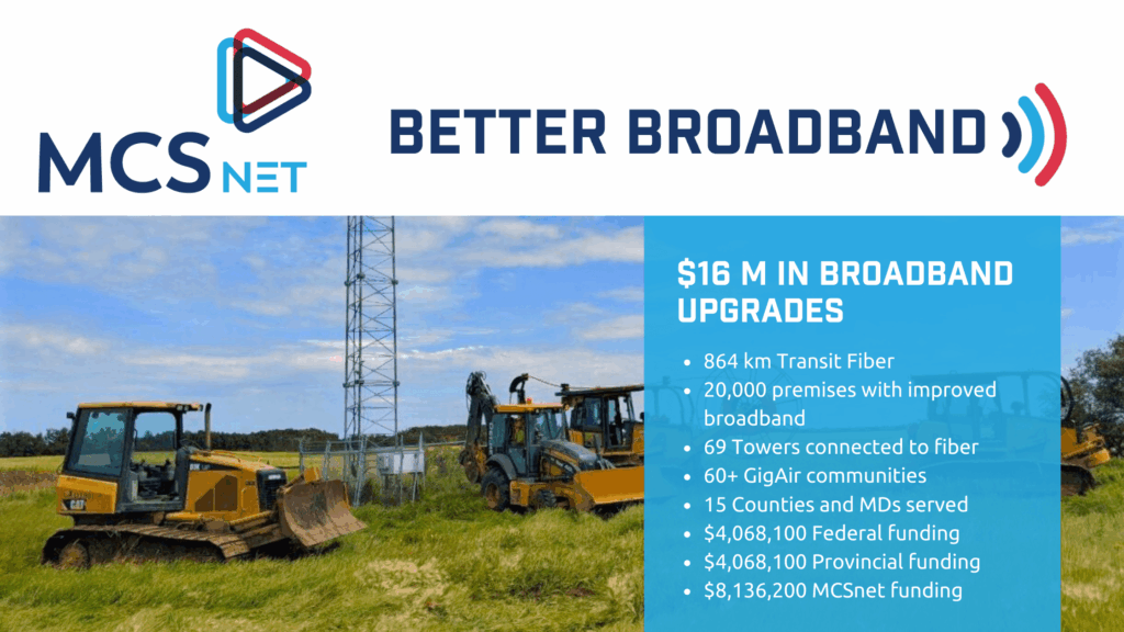 Photo of heavy equipment building fiber to the tower with highlights from the Broadband Upgrades project.