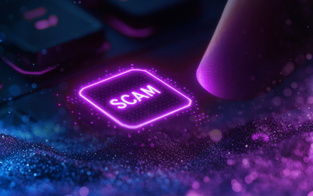 Picture of a purple "scam" button with a finger about to push the button.
