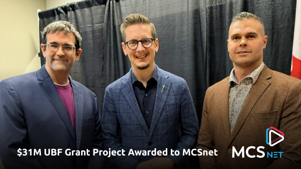 MCSnet&rsquo;s Chief Innovation Officer, Mark Beland (left), and Chief Projects Officer, Jerome VanBrabant (right), with the Honourable Nate Glubish (centre), Minister of Technology and Innovation of Alberta at the announcement in Ardrosson on January 30, 2026.