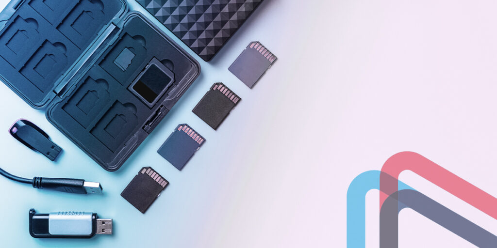 Display of SD image cards for backing up photos.