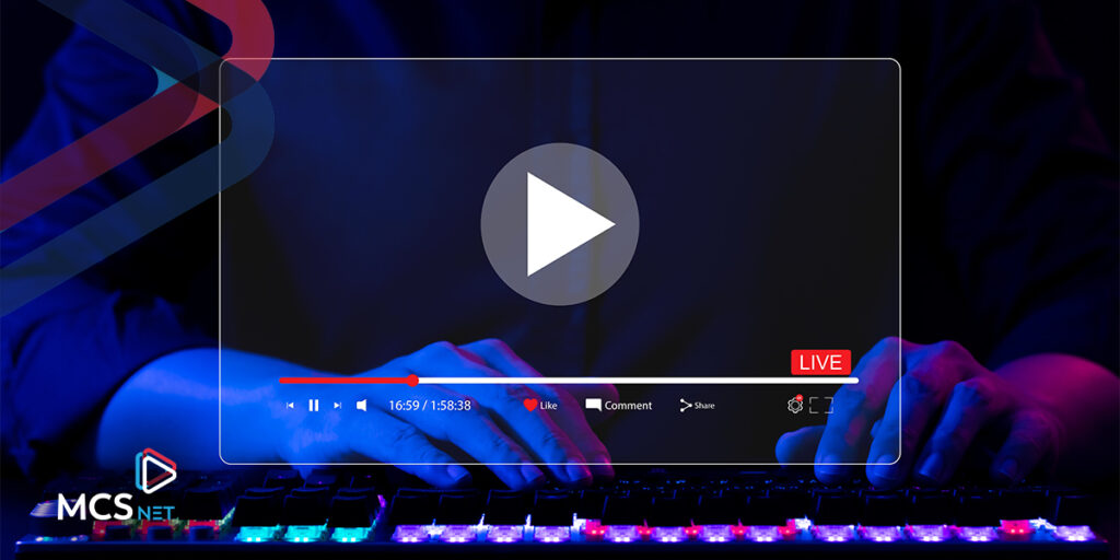 Zoomed in image of hands in front of a lit-up keyboard with a dark background. A graphic of a live TV streaming screen is superimposed over top.