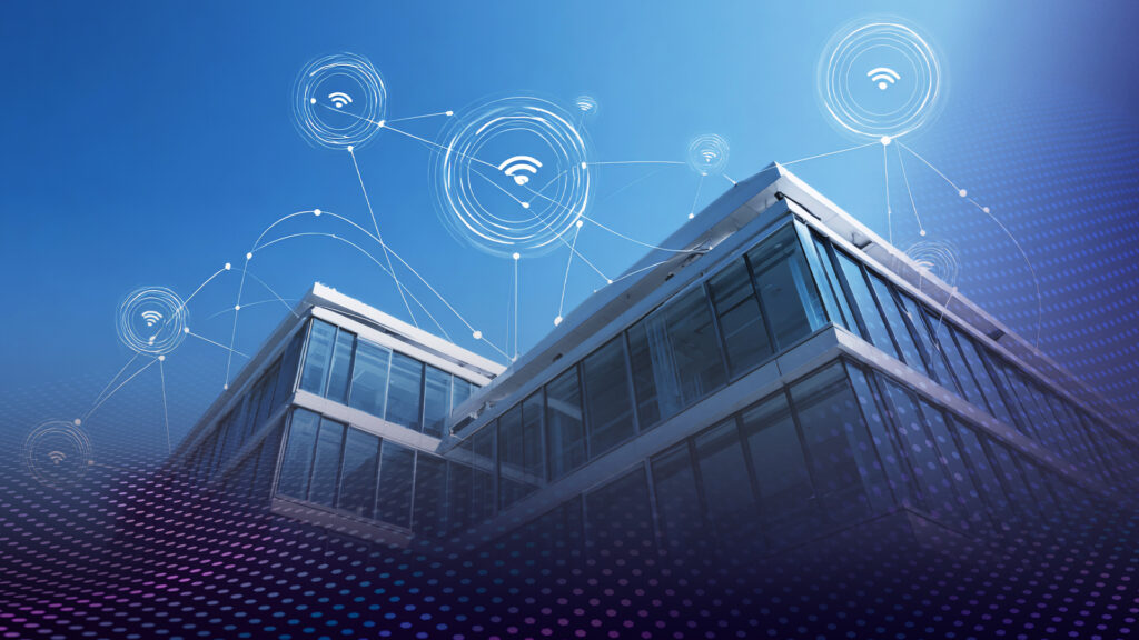 Ground up view of municipal offices with digital wi-fi signals in the sky.