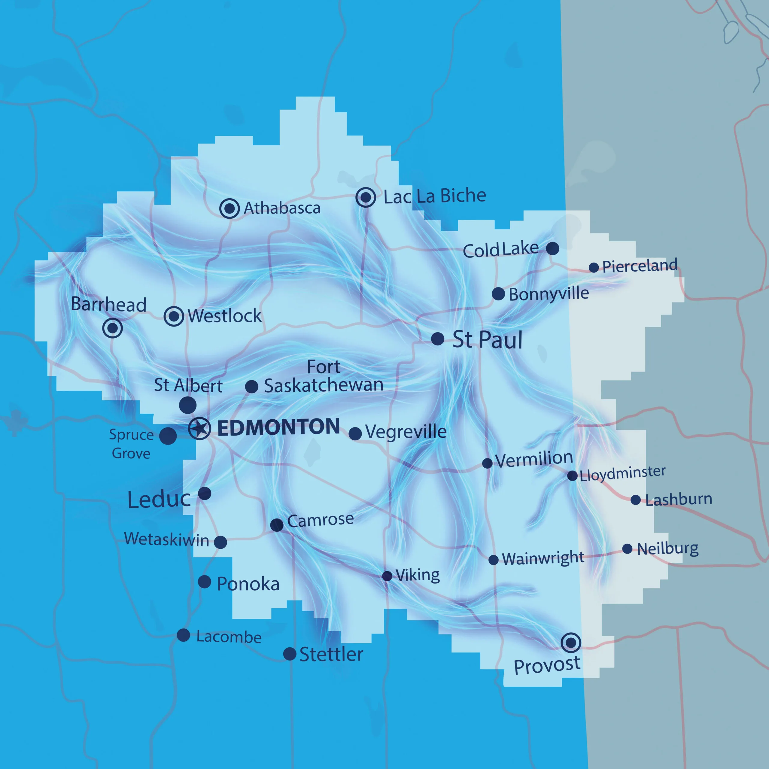 Map of MCSnet rural internet coverage across Alberta and Saskatchewan