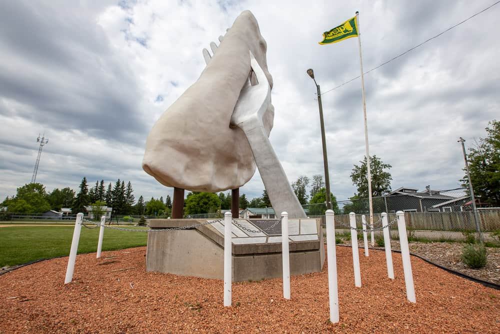 The Giant Pyrogy sculpture and fork landmark in Glendon, Alberta