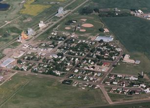 Aerial view of Lougheed, Alberta along Iron Creek