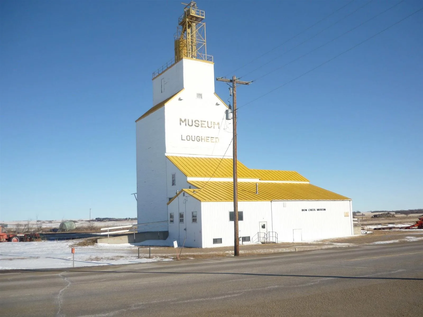 Former grain elevator now home to the Iron Creek Museum in Lougheed, Alberta